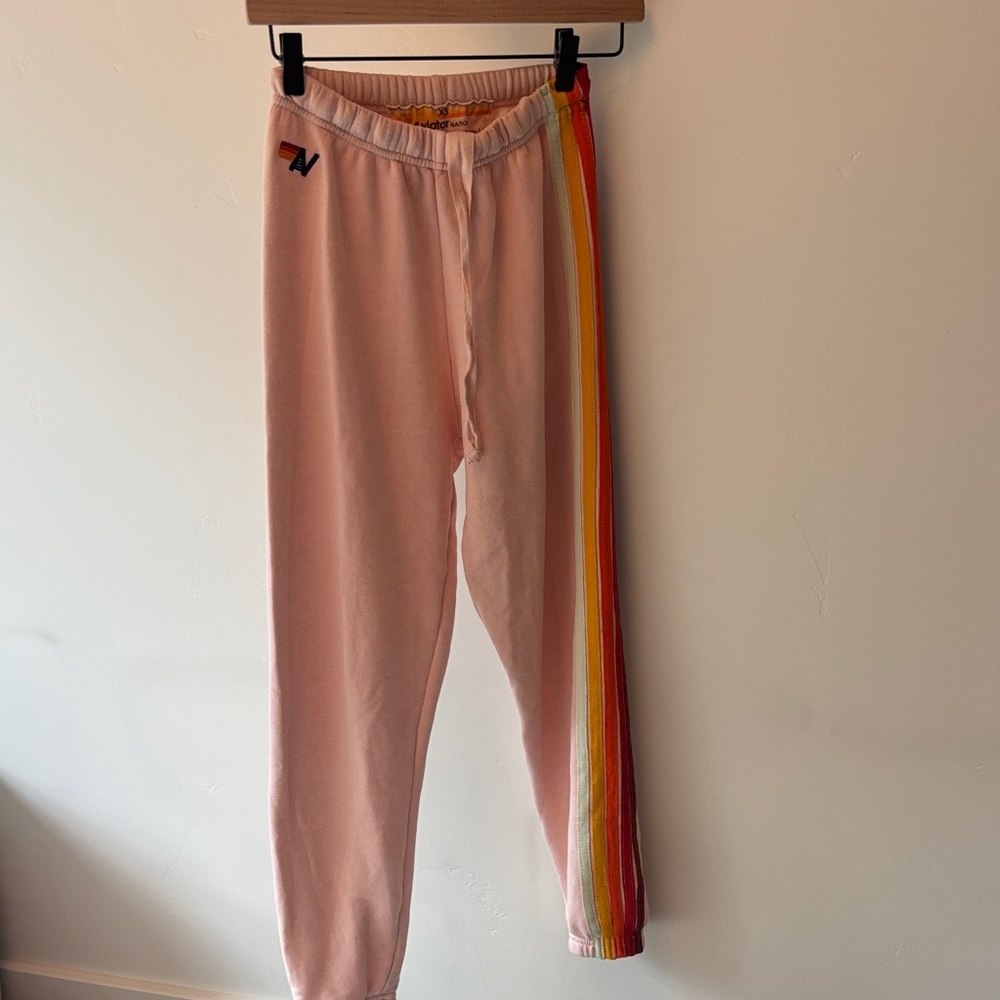 Aviator Nation Pink Sweatpants with Rainbow Stripe